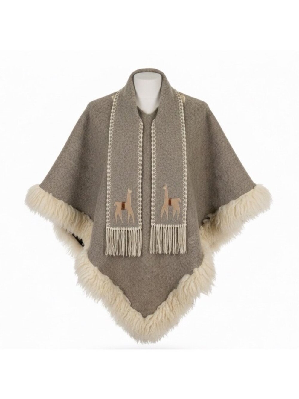 Womens Beige Alpaca-Inspired Embroidered Wool Poncho W/ Fringe & Fur Trim